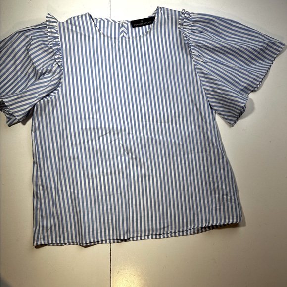 Pomander Place Tuckernuck Blue & White Striped Poplin Lightweight Ruffle Top S - Picture 5 of 14